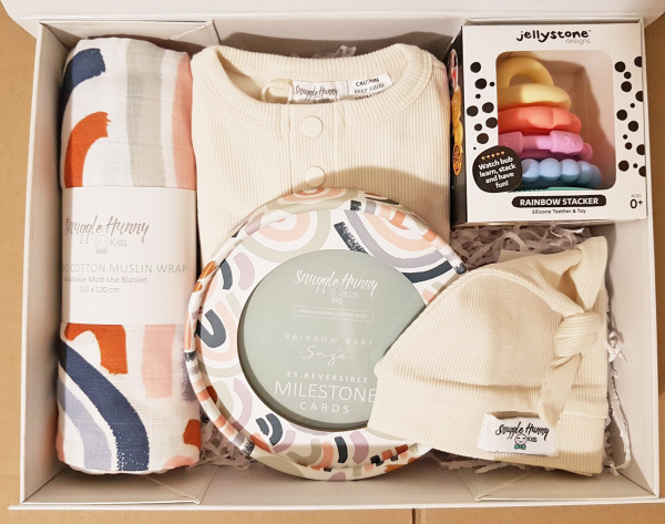 Rainbow baby hamper magnetic gift box teething toy milestone cards clothing and swaddle muslin wrap