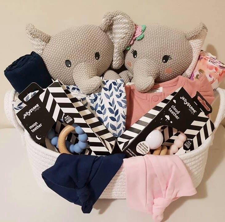 twins hamper gift basket large stuffed toy teething toy and clothing pink and blue