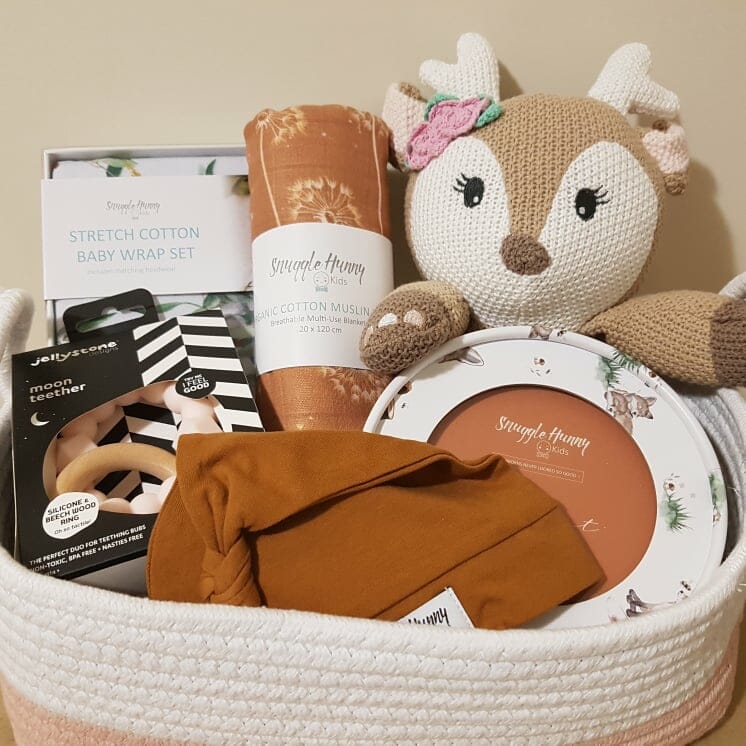 new baby hamper gift basket large cotton rope hamper toy milestone cards swaddle and teething toy